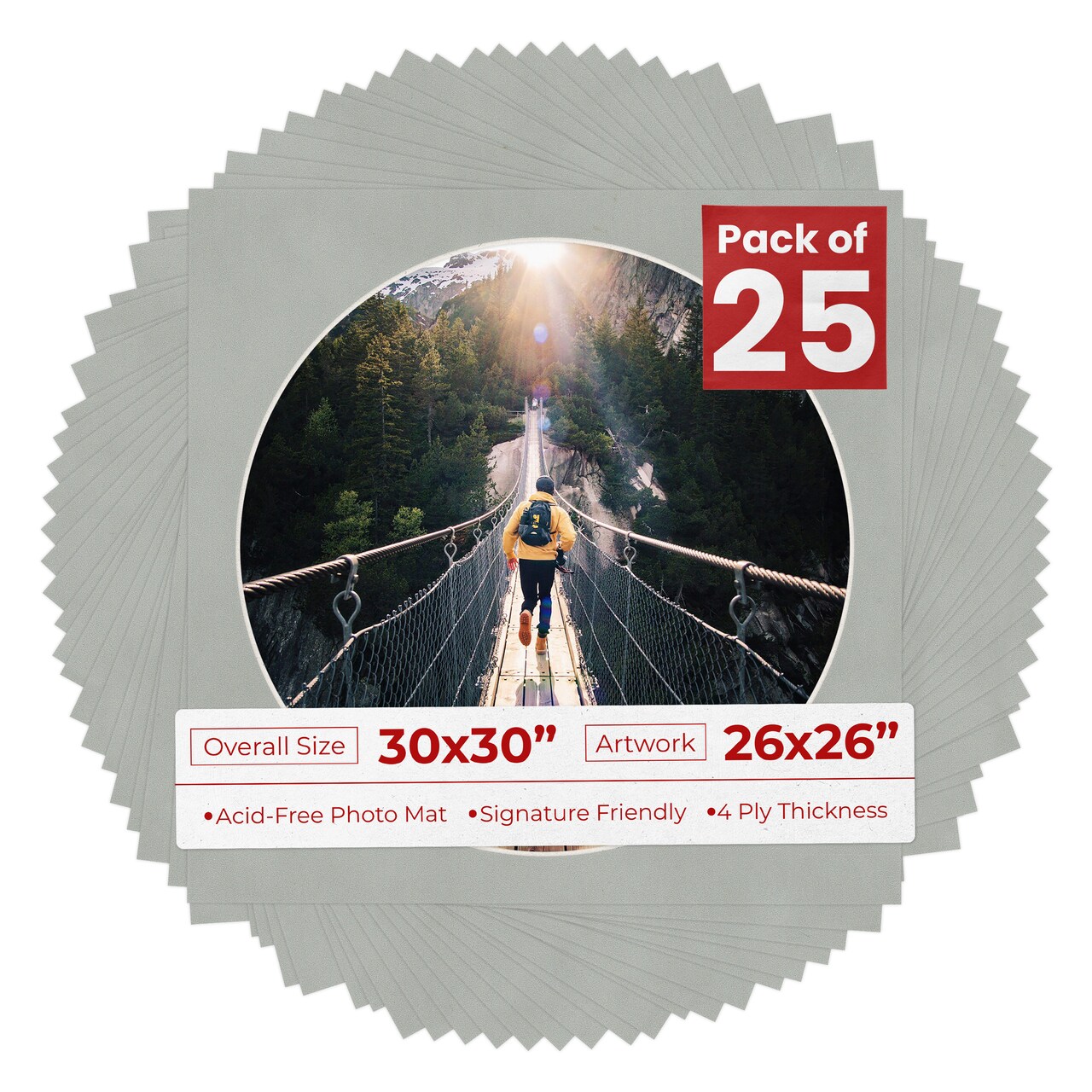 Light Grey Suede Mat Board for 30x30 Frames - Circle Opening for 26x26 Photos